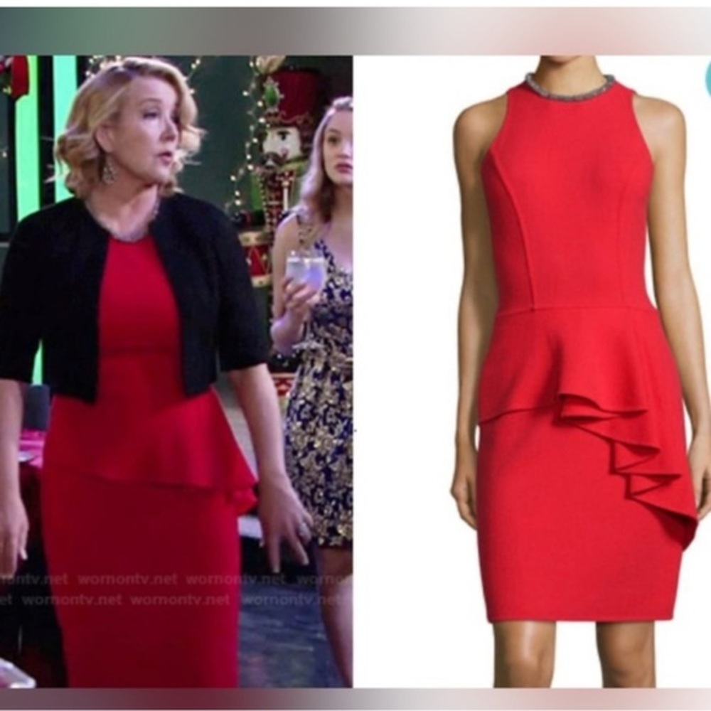Carmen Marc Valvo Red Peplum Sheath Dress with Ruffled Detail size 12